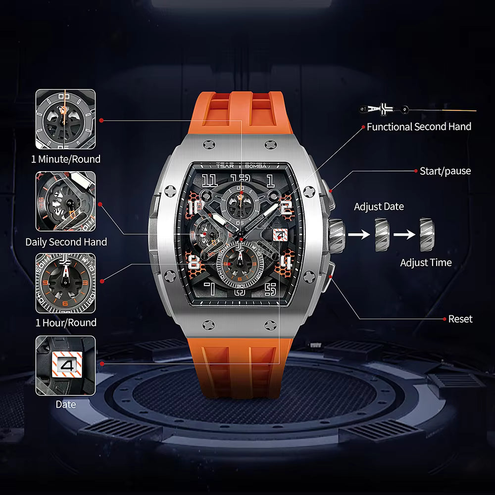 TSAR BOMBA men's luxury automatic mechanical watch with selicon strap