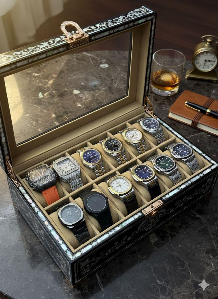 12-slot luxury watch display case and organizer, With handle made with a black PU leather exterio