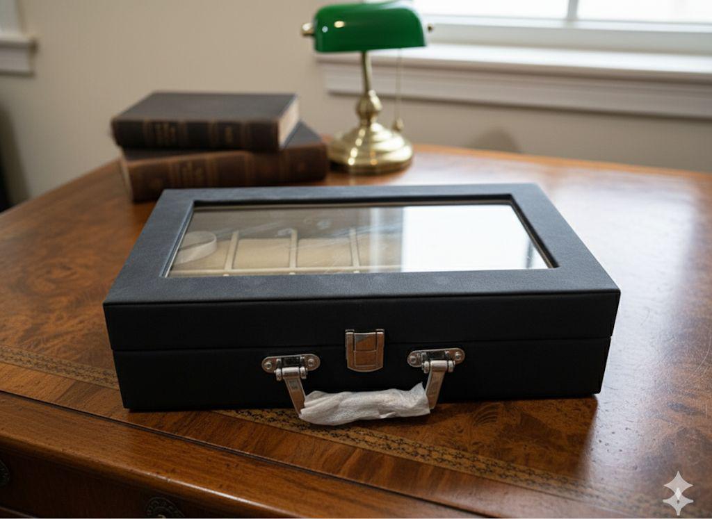 12-slot luxury watch display case and organizer, With handle made with a black PU leather exterio